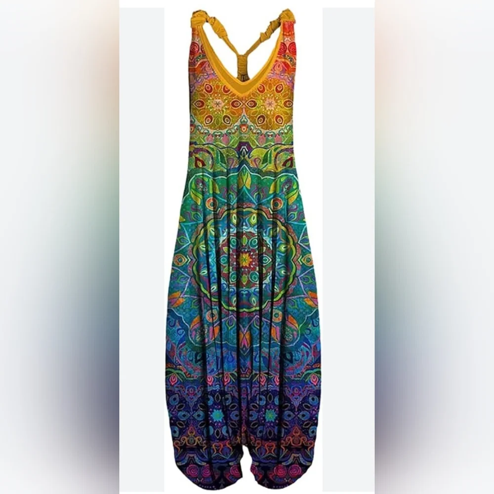 Colorful Boho Drop Crotch Harem Jumpsuit Womens Racerback Festival Yoga Romper L - Picture 1 of 12